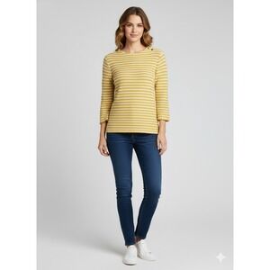 TALBOTS Petite Yellow White Striped Boat Neck 3/4 Sleeve Sweater Top L